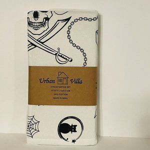 Pirate Themed Cloth Napkins Fabric 4 Pack 17x17 Inches Black Cat Spiderweb